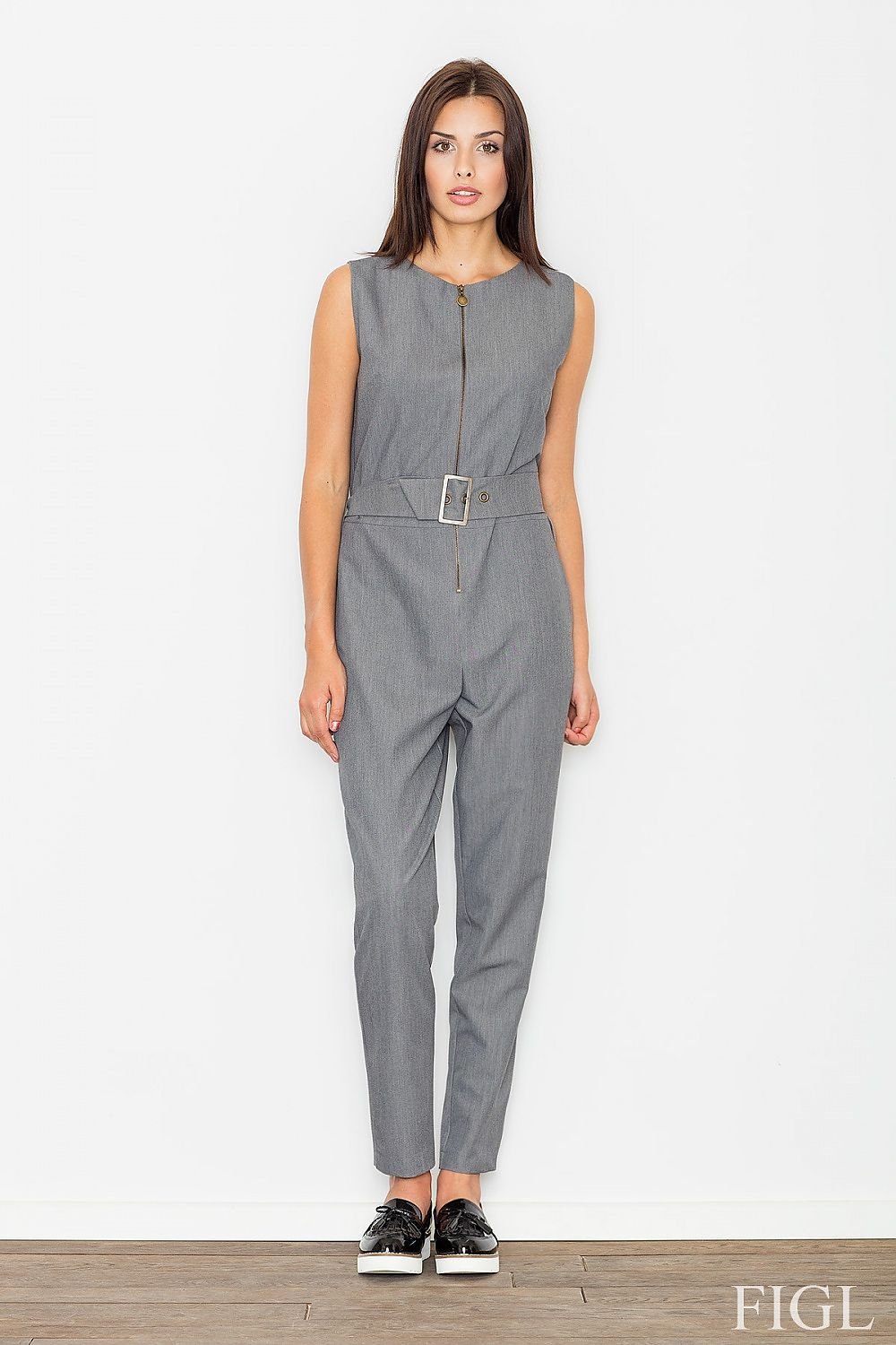 grey belted sleeveless suit front view