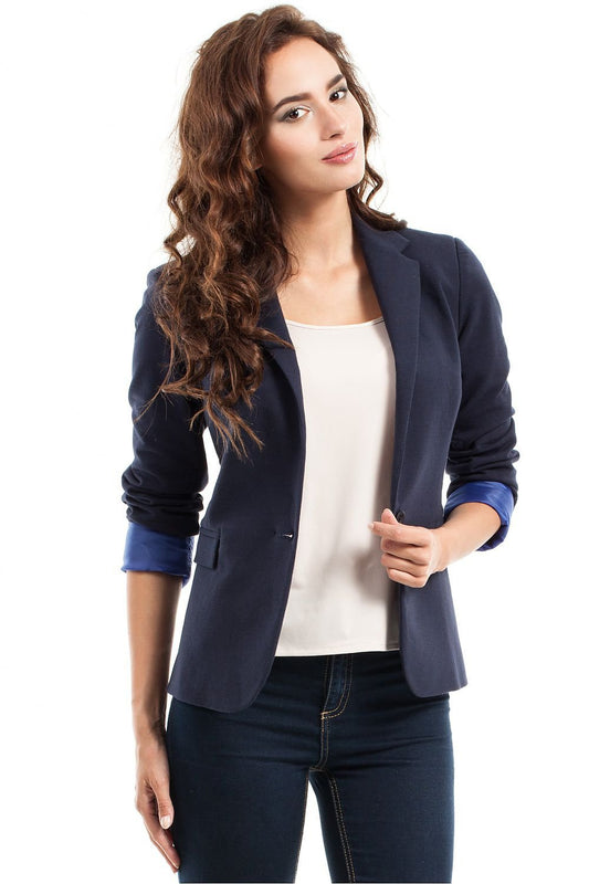 elegant navy blue fitted cotton jacket with rolled sleeves – versatile and stylish front view