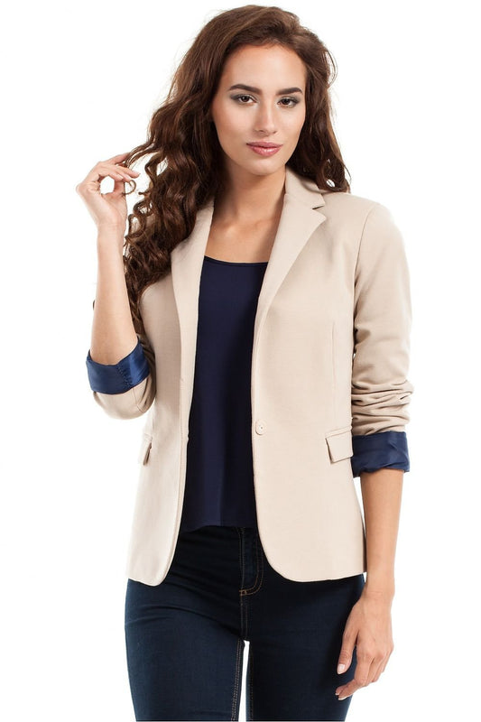 chic beige cotton jacket with elegant rolled sleeves – perfect for any occasion front view