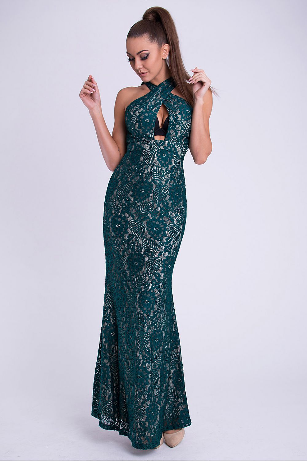 green lace sleeveless long dress front view