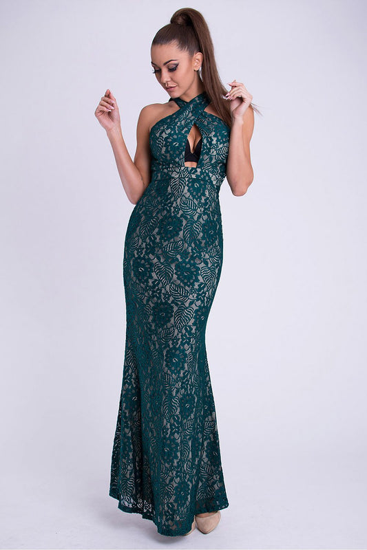 green lace sleeveless long dress front view