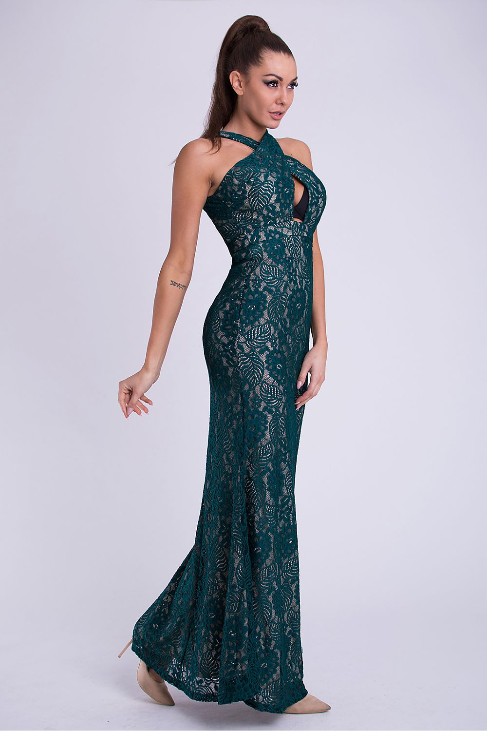 green lace sleeveless long dress alternate angle