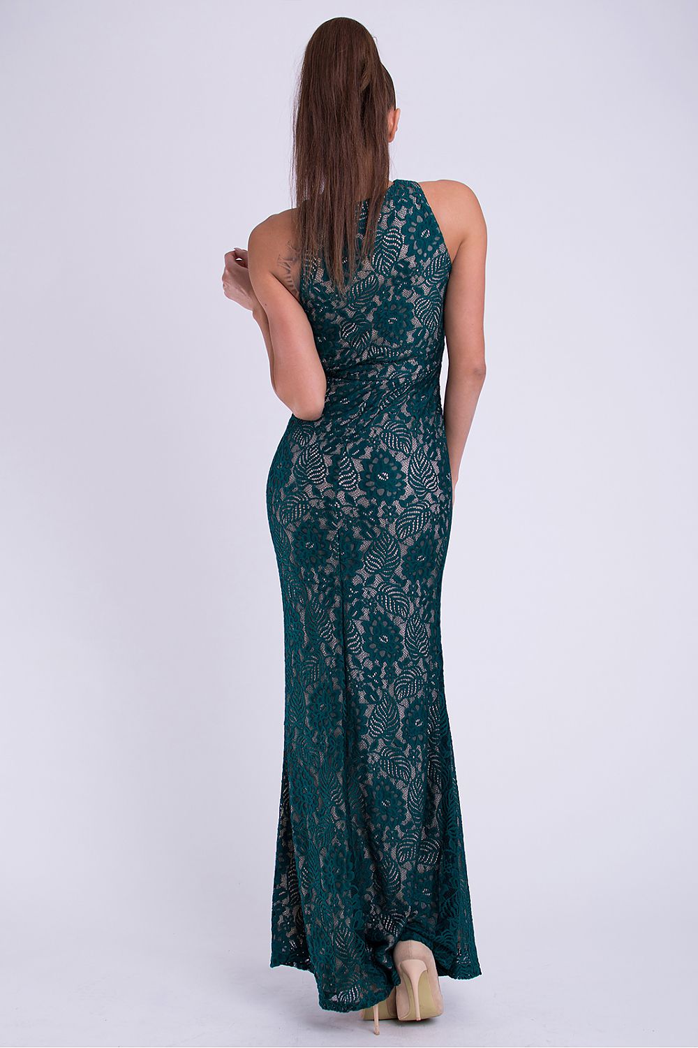 green lace sleeveless long dress detail view