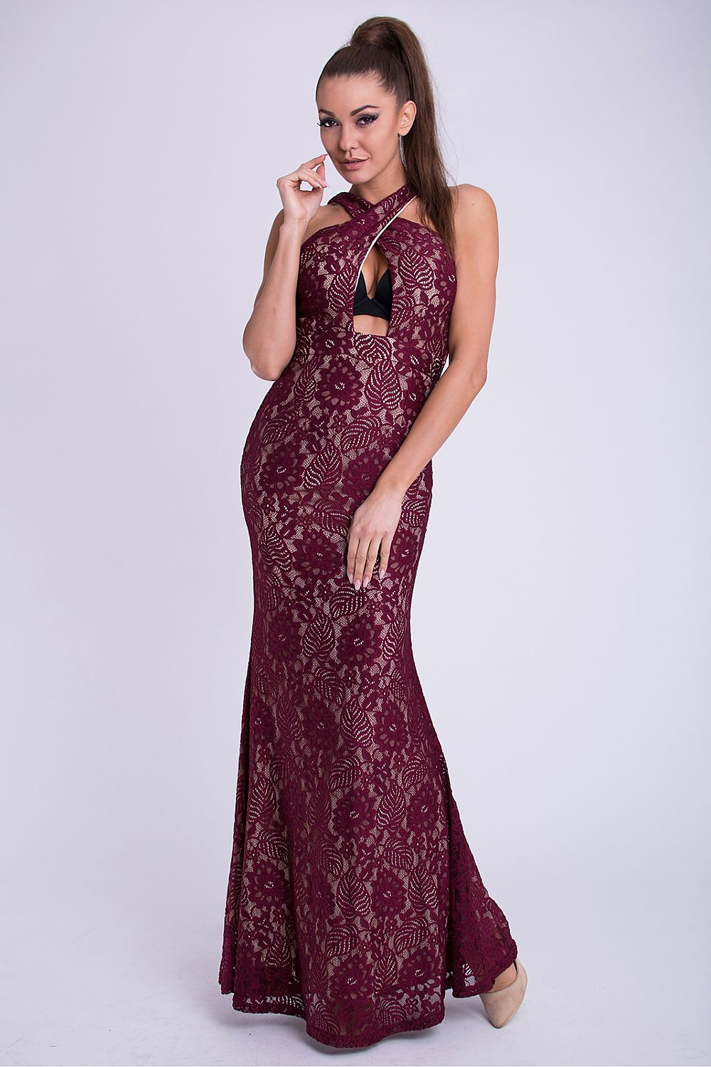 Elegant Burgundy Lace Sleeveless Dress for Evening Out