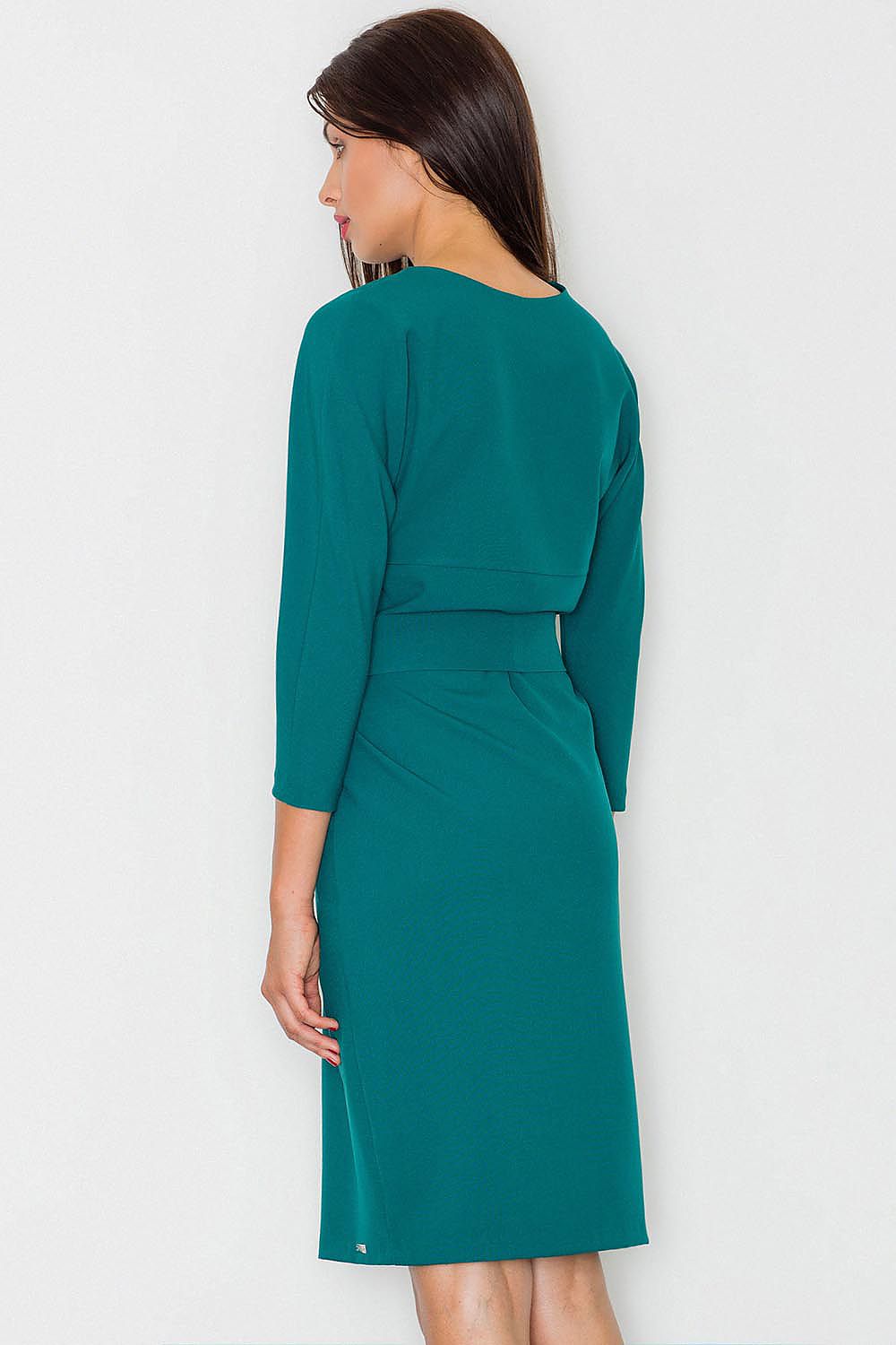 green wrap belted day dress detail view