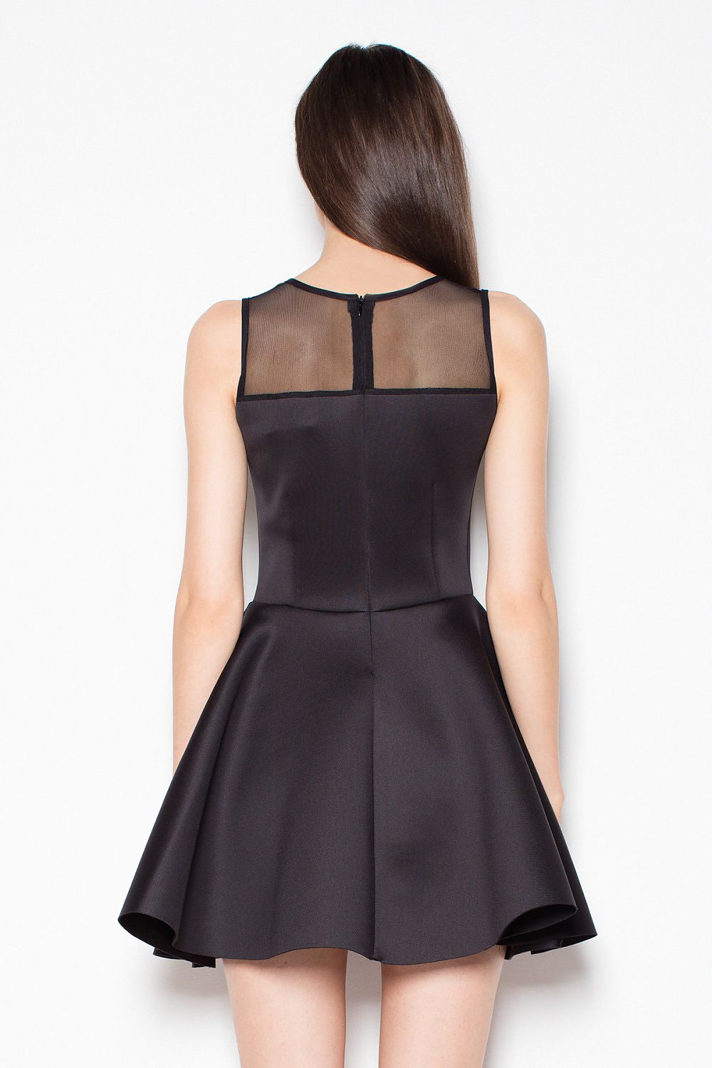 beige flared sleeveless evening dress back view