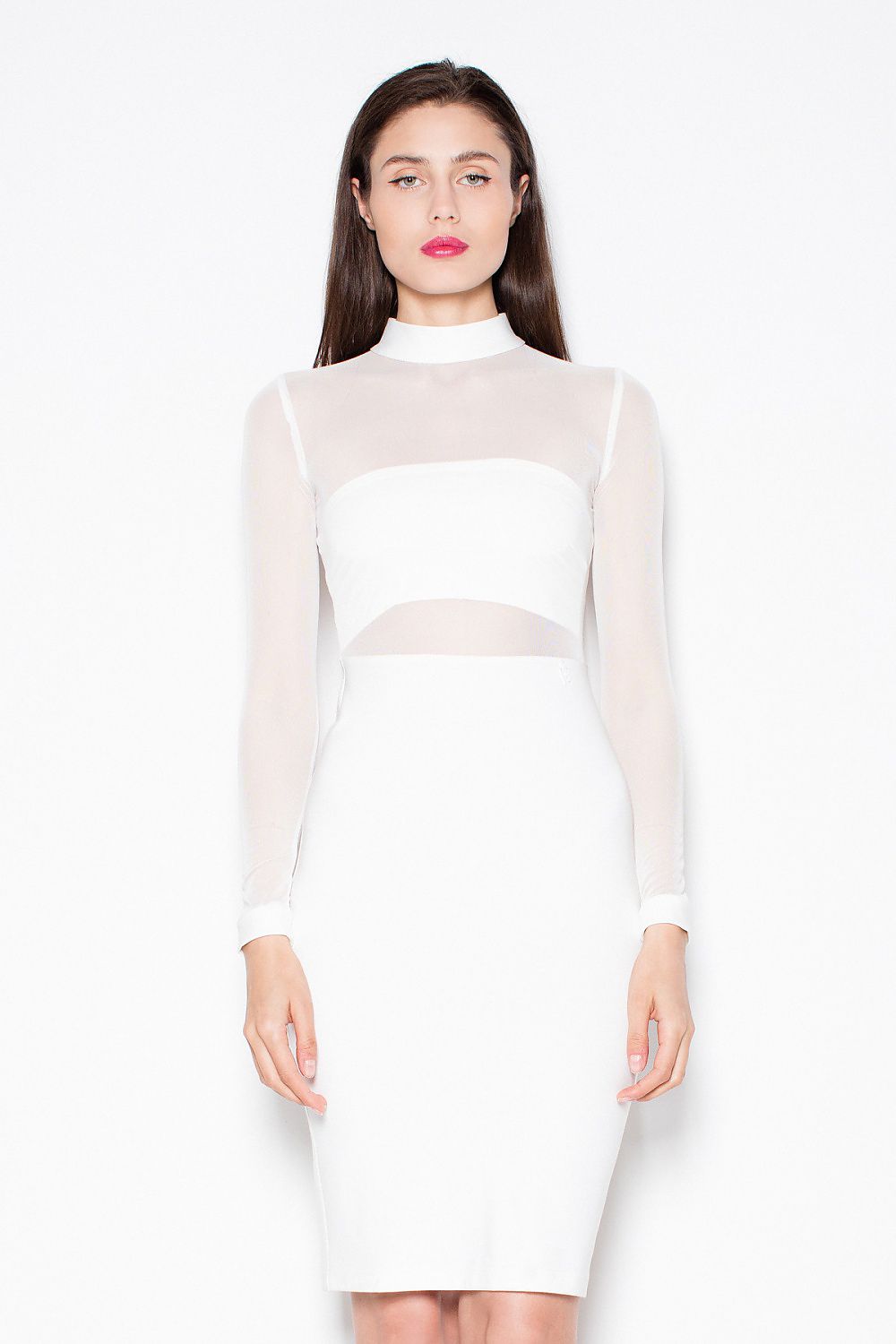 beige long sleeve evening dress front view