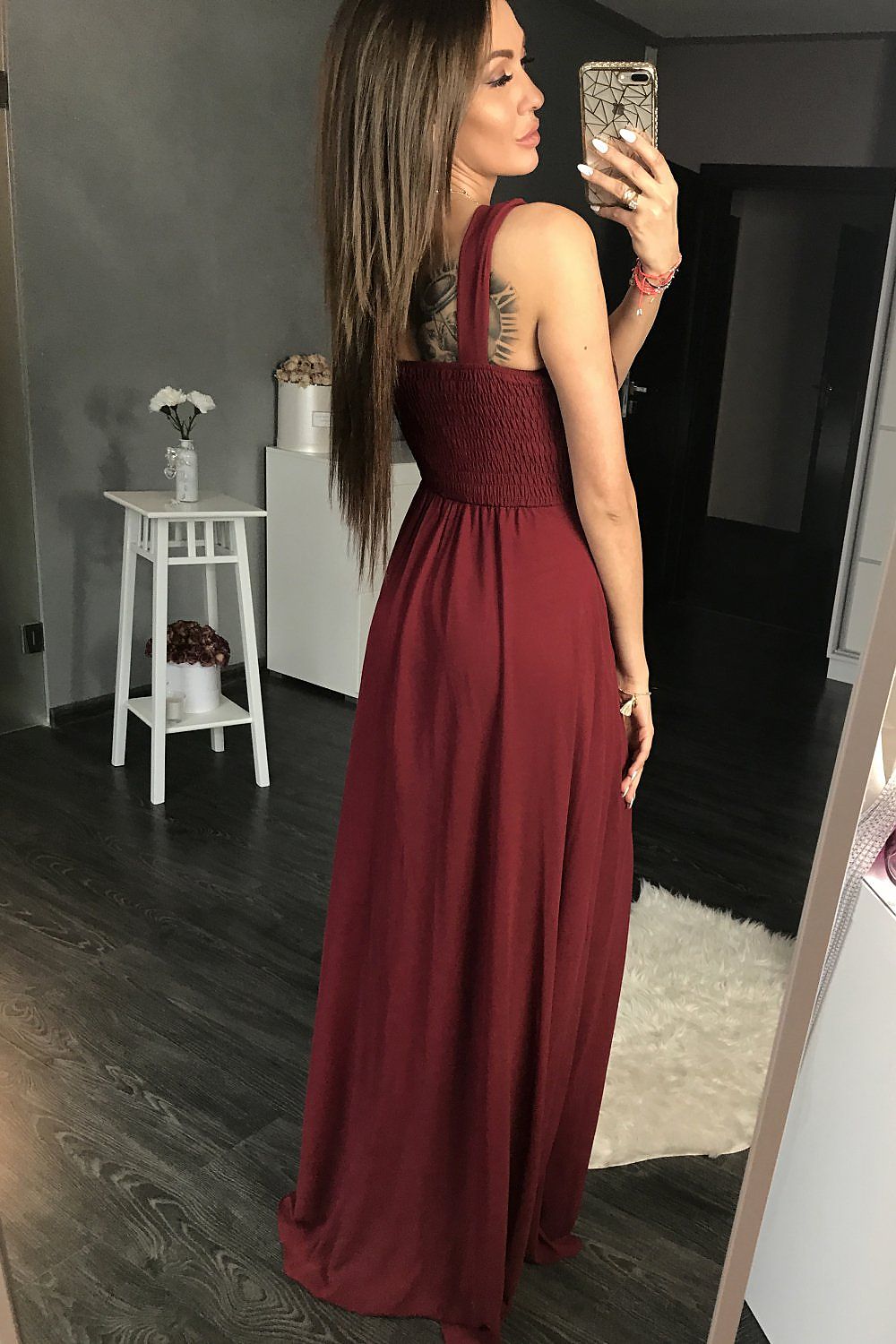 red flared long dress alternate angle