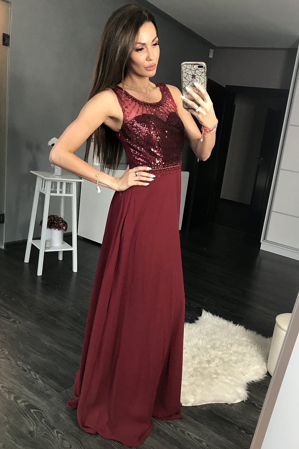 red flared long dress detail view