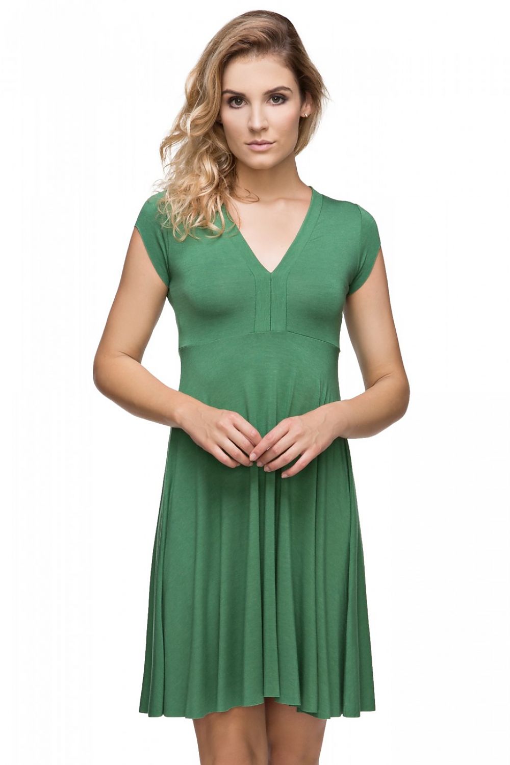green flared evening dress front view