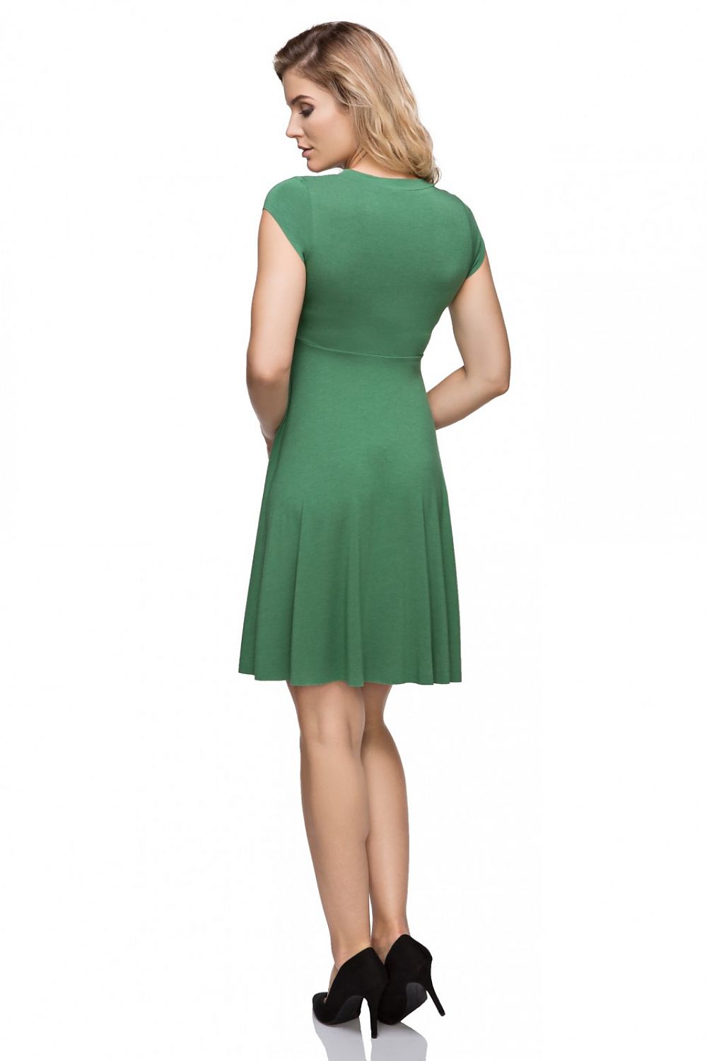 green flared evening dress detail view