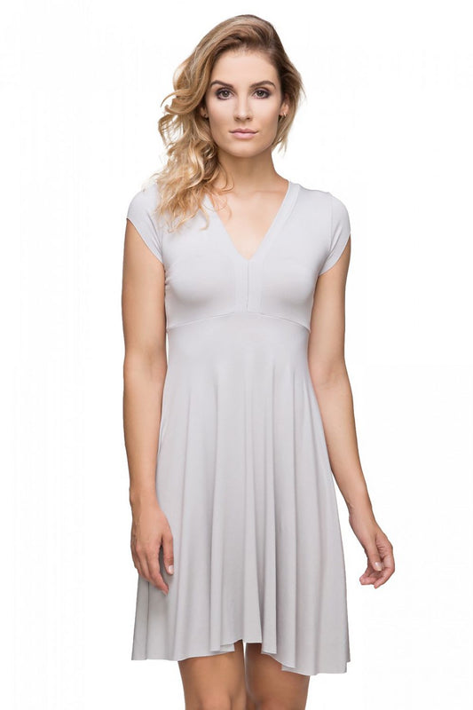 grey flared evening dress front view