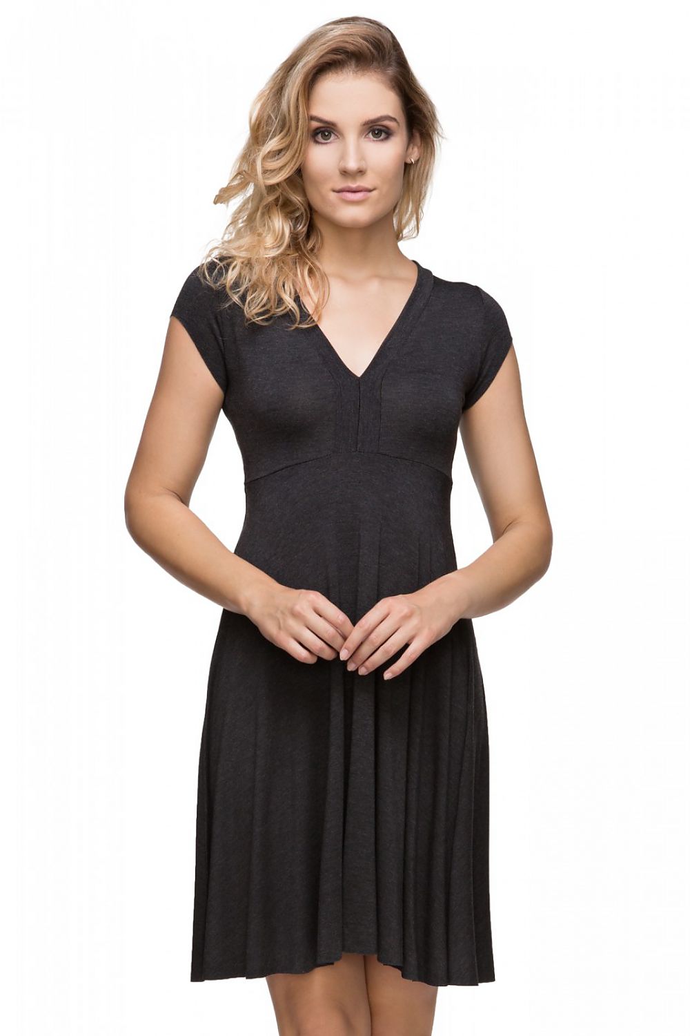 grey flared evening dress front view