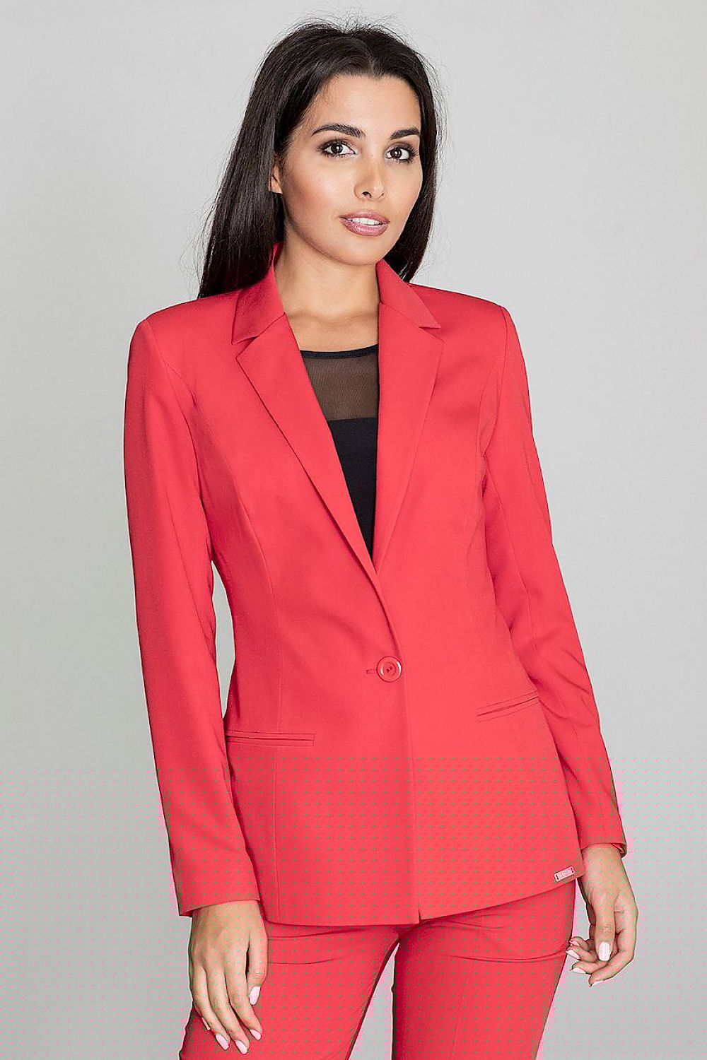 elegant long red jacket with imitation pockets - stylish european crafted outerwear front view