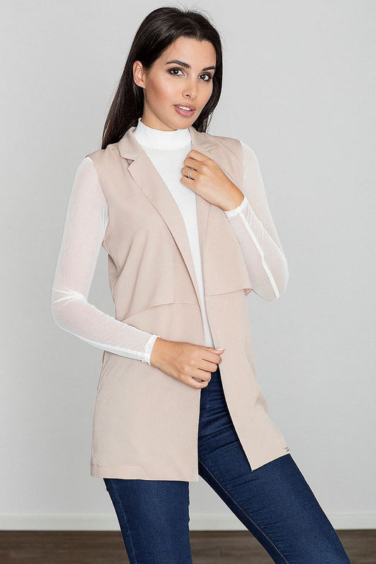 elegant beige gilet - lightweight european long vest with collar, comfortable and stylish front view
