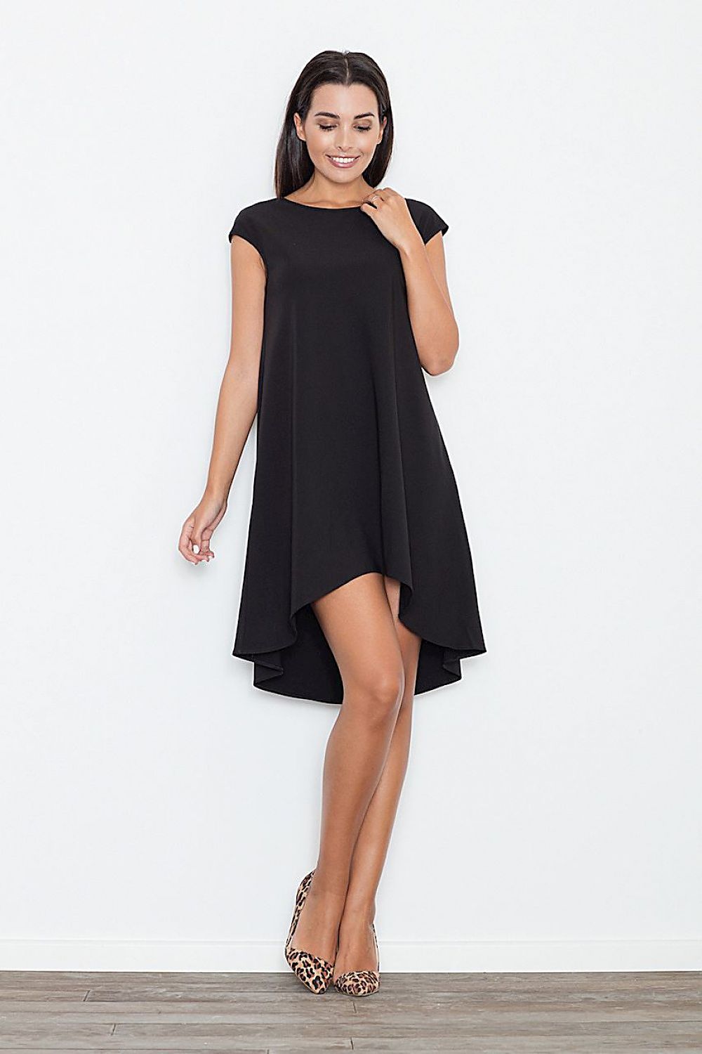 black asymmetrical evening dress front view