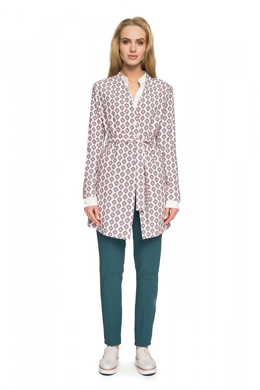 pink belted mini coat front view