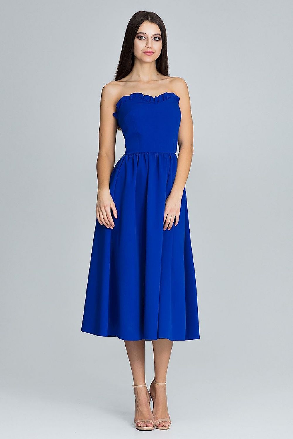 blue ruffle evening dress front view