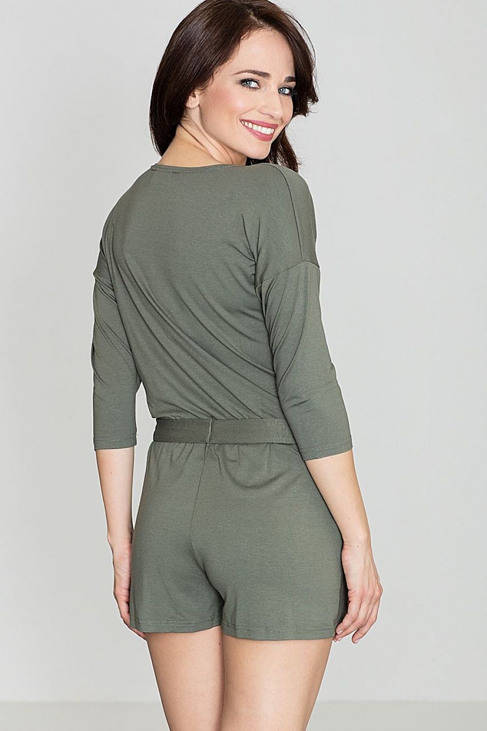 grey belted suit back view