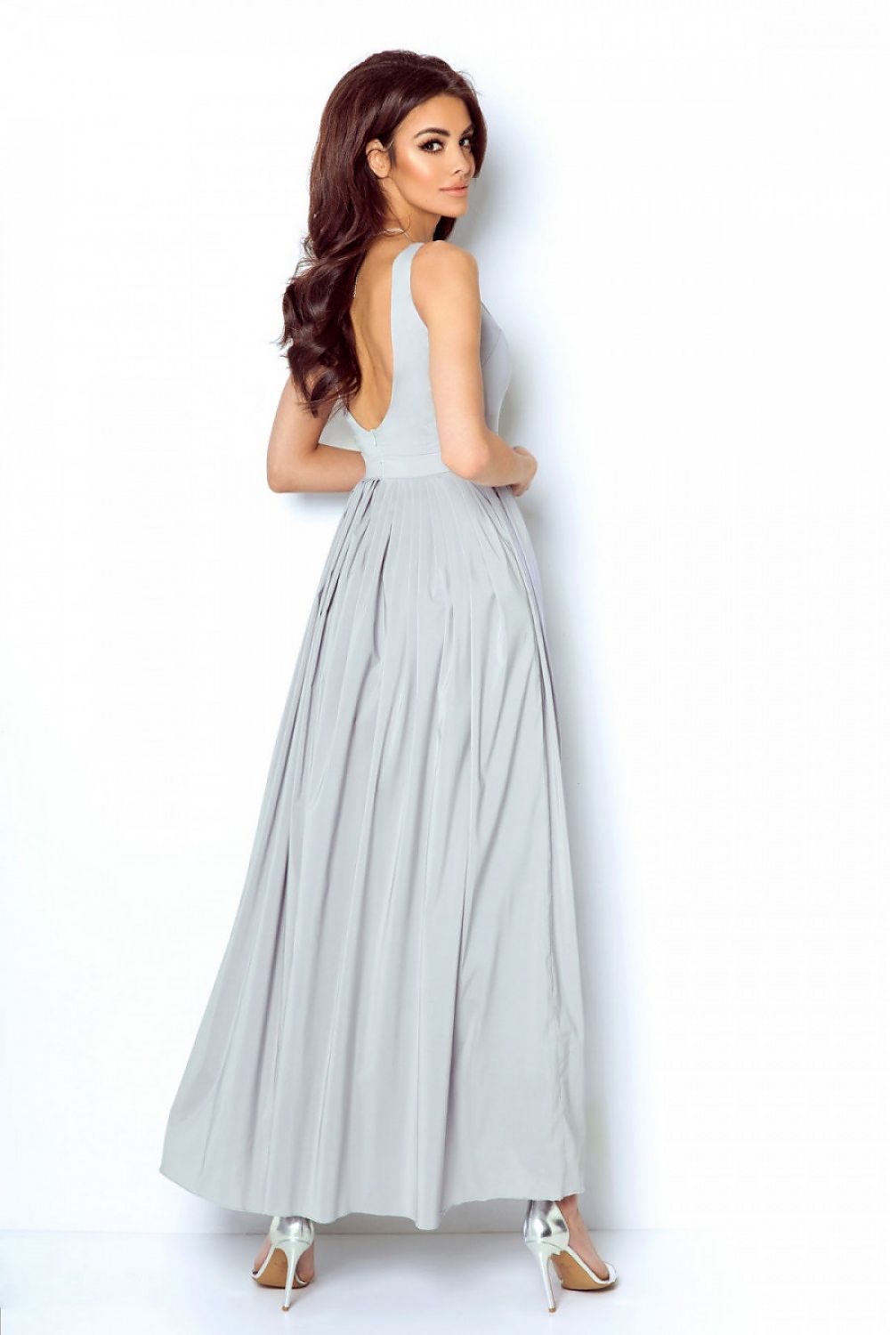 grey belted long dress detail view