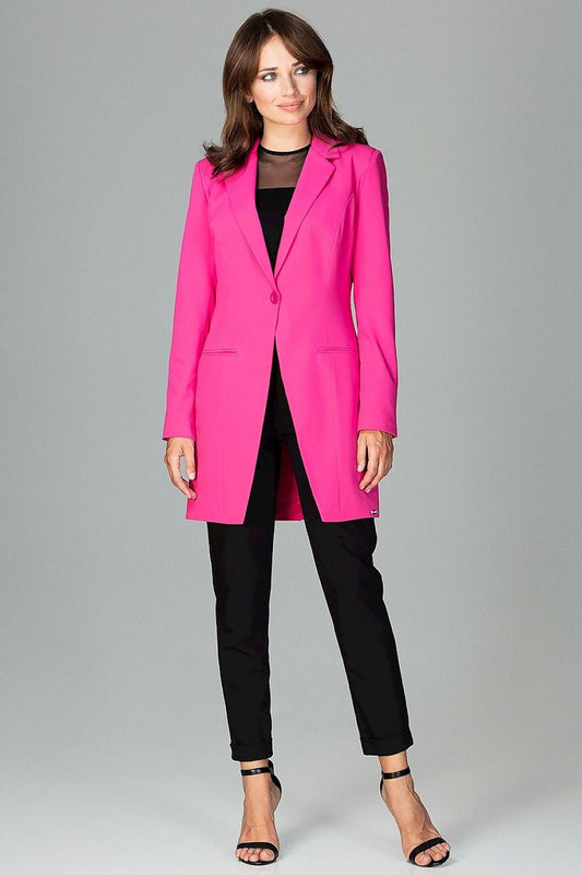 vivid pink european-made long-sleeved jacket with colorful button fastening & elegant back slit front view