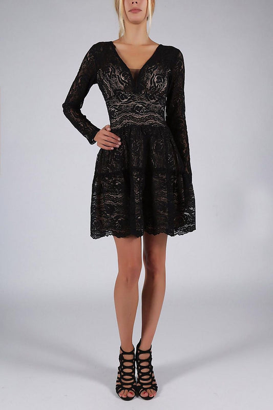 black lace flared evening dress front view