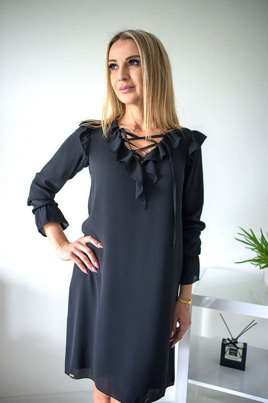 black long sleeve evening dress front view