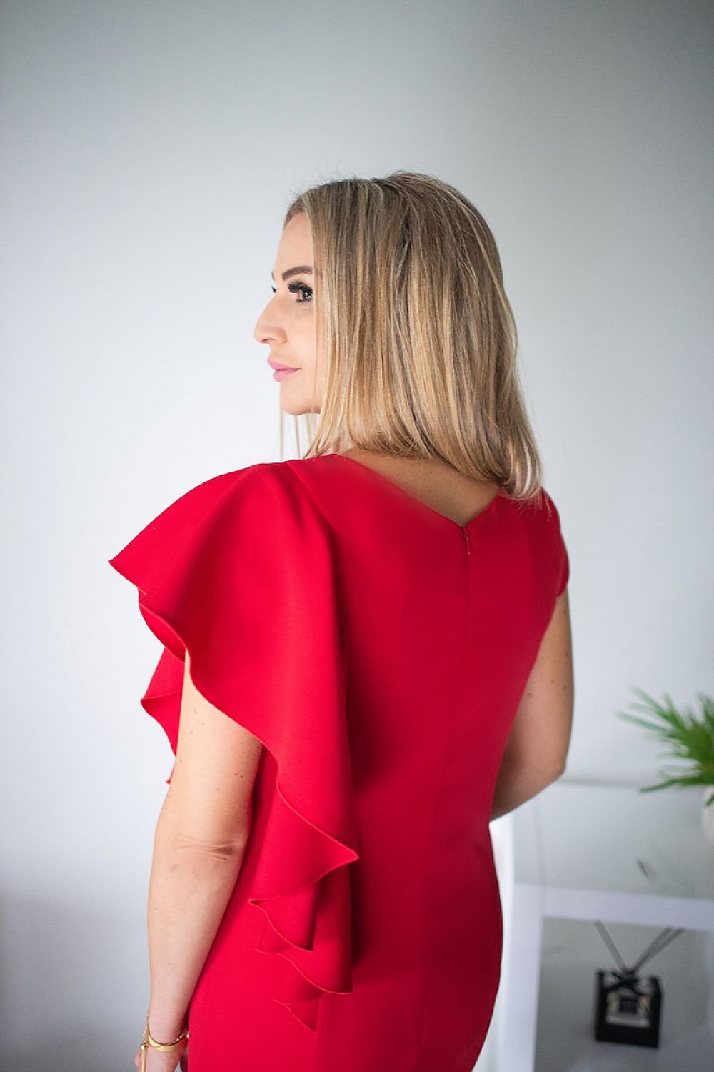 red cocktail dress detail view