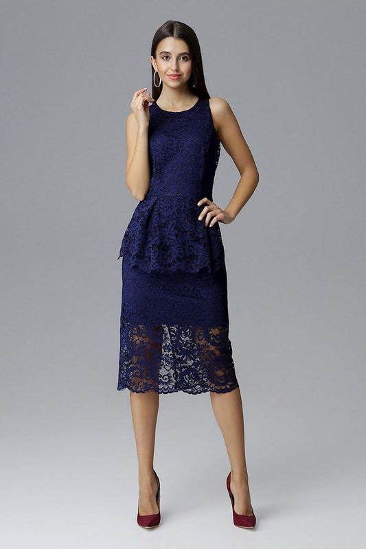 navy blue lace sleeveless evening dress front view