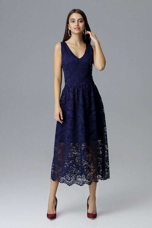navy blue lace sleeveless evening dress front view
