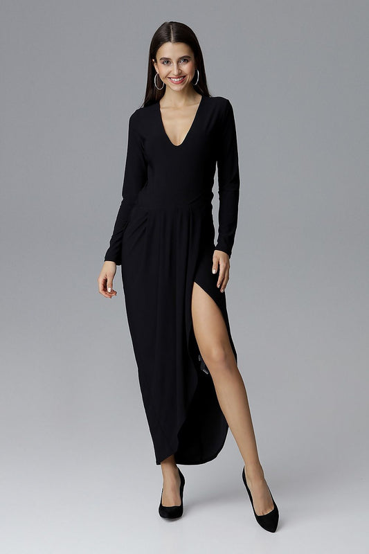 black long sleeve asymmetrical long dress front view