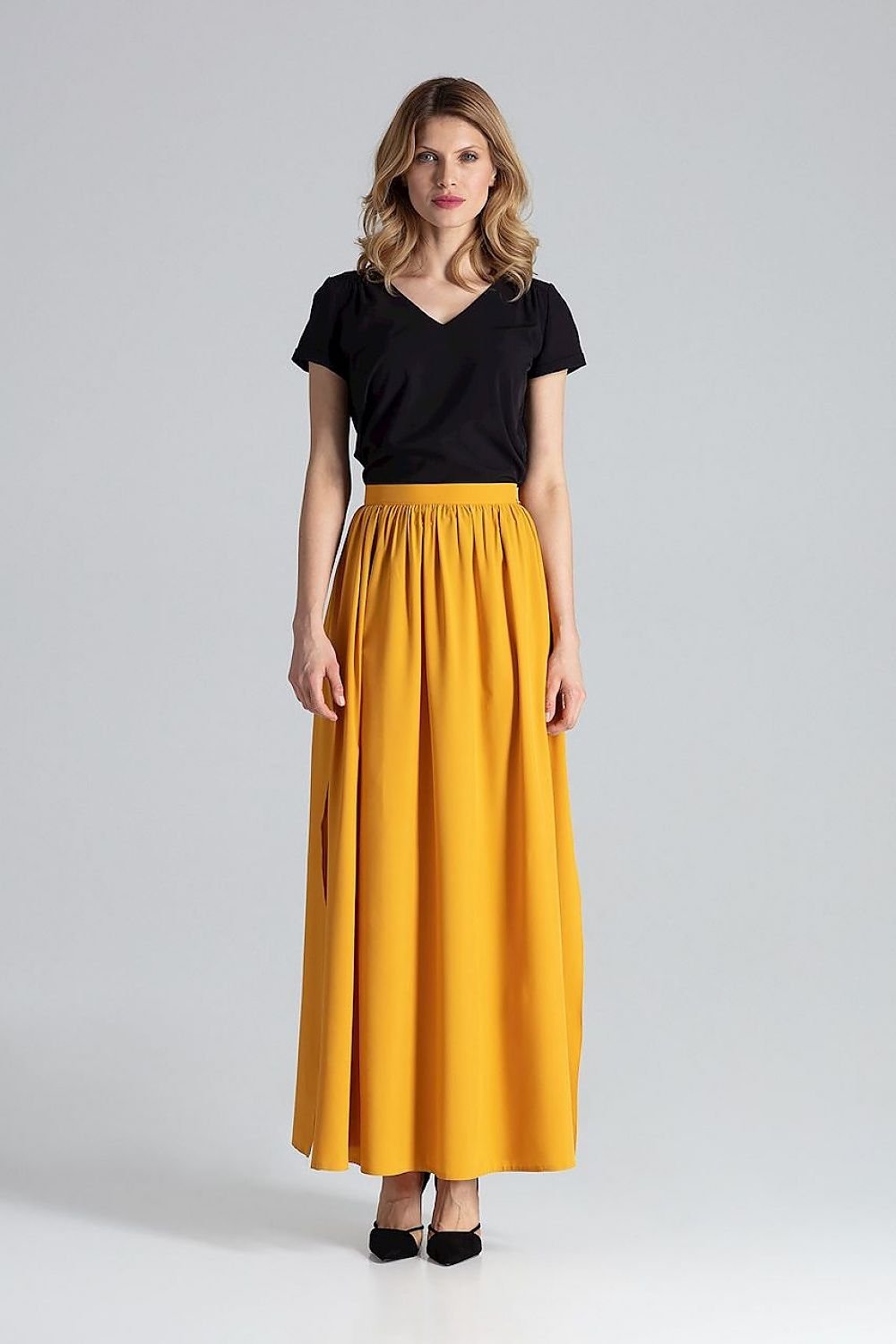 multicolor side slit long skirt side view