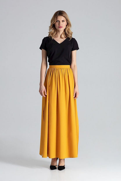 multicolor side slit long skirt side view