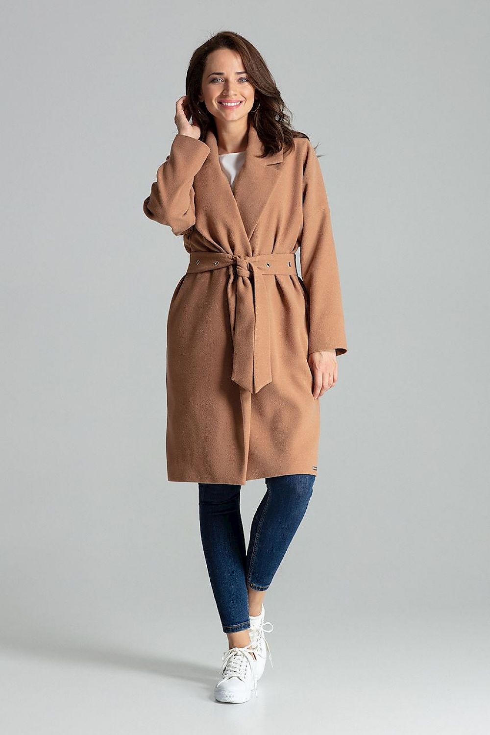 beige belted coat front view