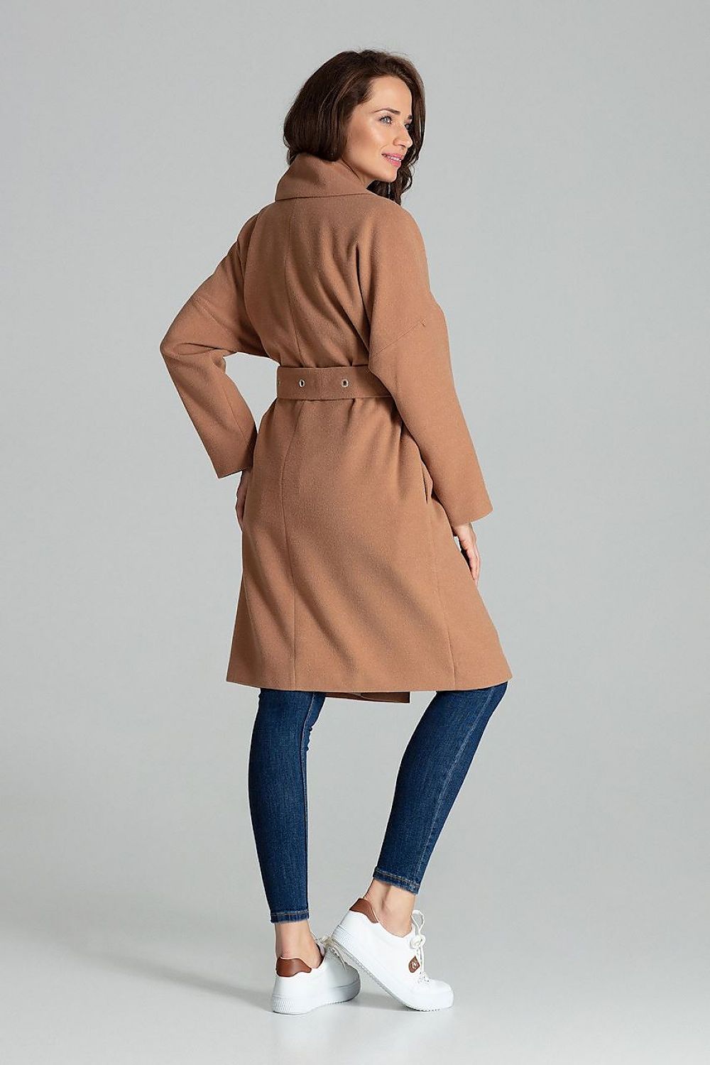 beige belted coat detail view
