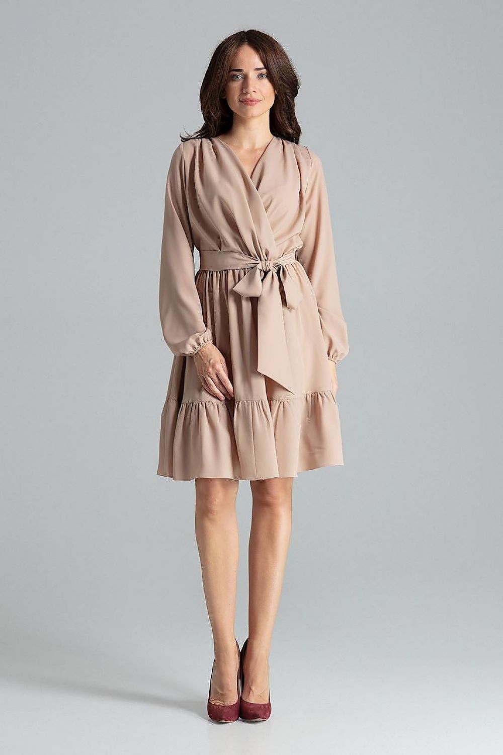 beige ruffle long sleeve cocktail dress front view