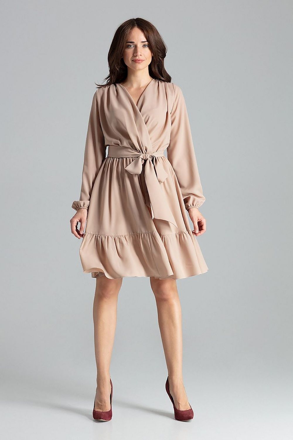 beige ruffle long sleeve cocktail dress alternate angle
