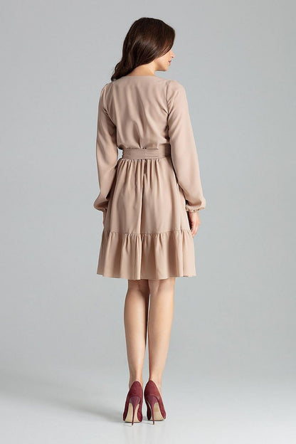 beige ruffle long sleeve cocktail dress detail view