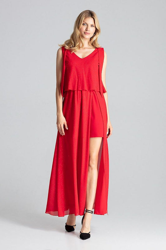 red flared sleeveless cocktail dress front view