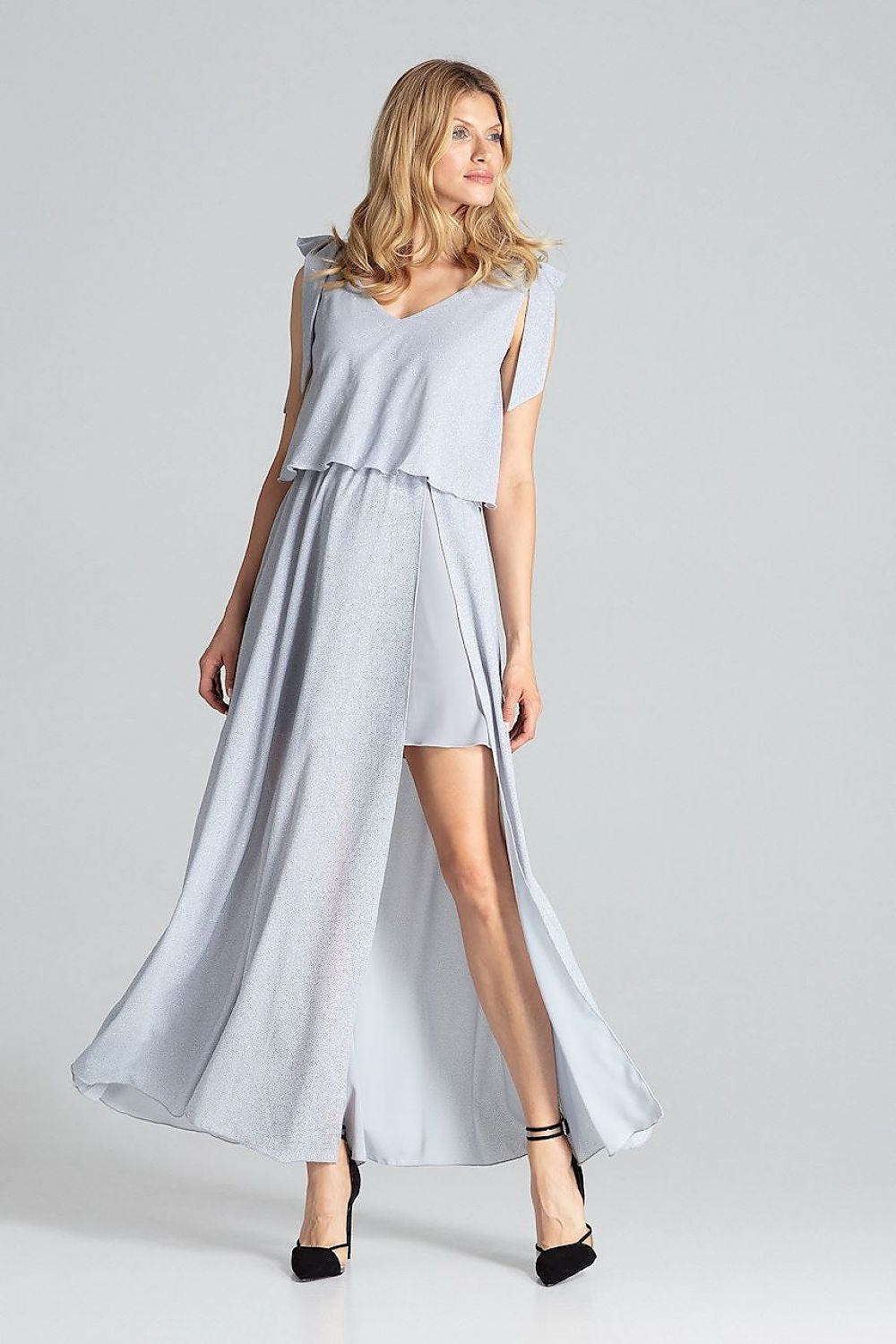 grey flared sleeveless cocktail dress alternate angle