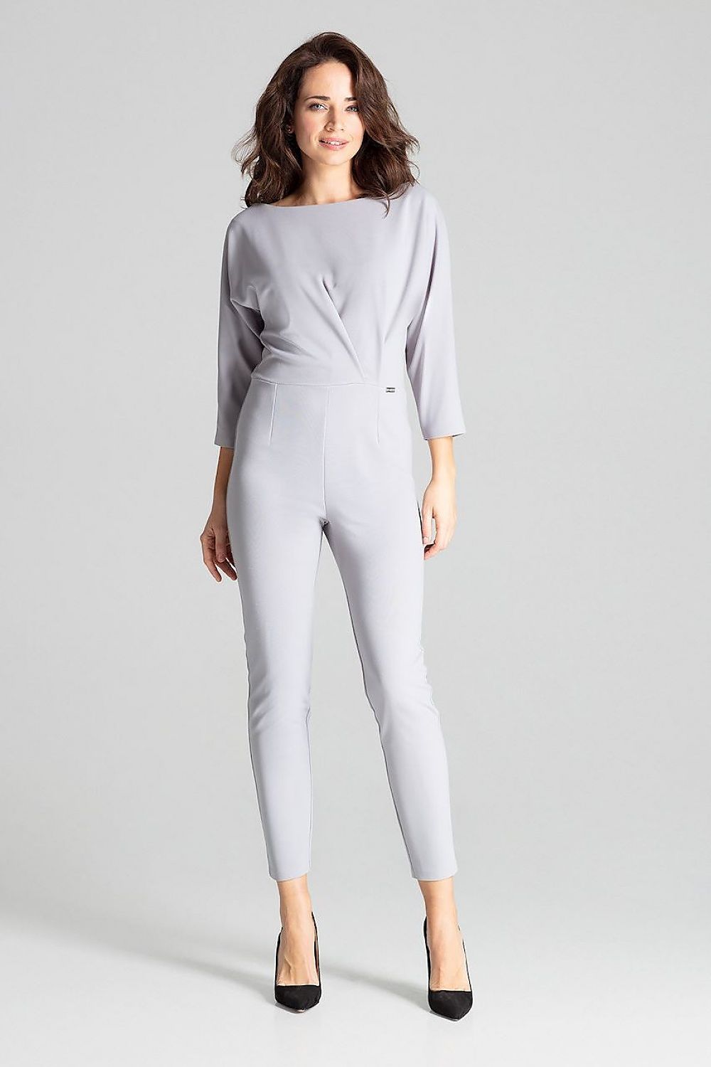 grey wrap asymmetrical suit front view
