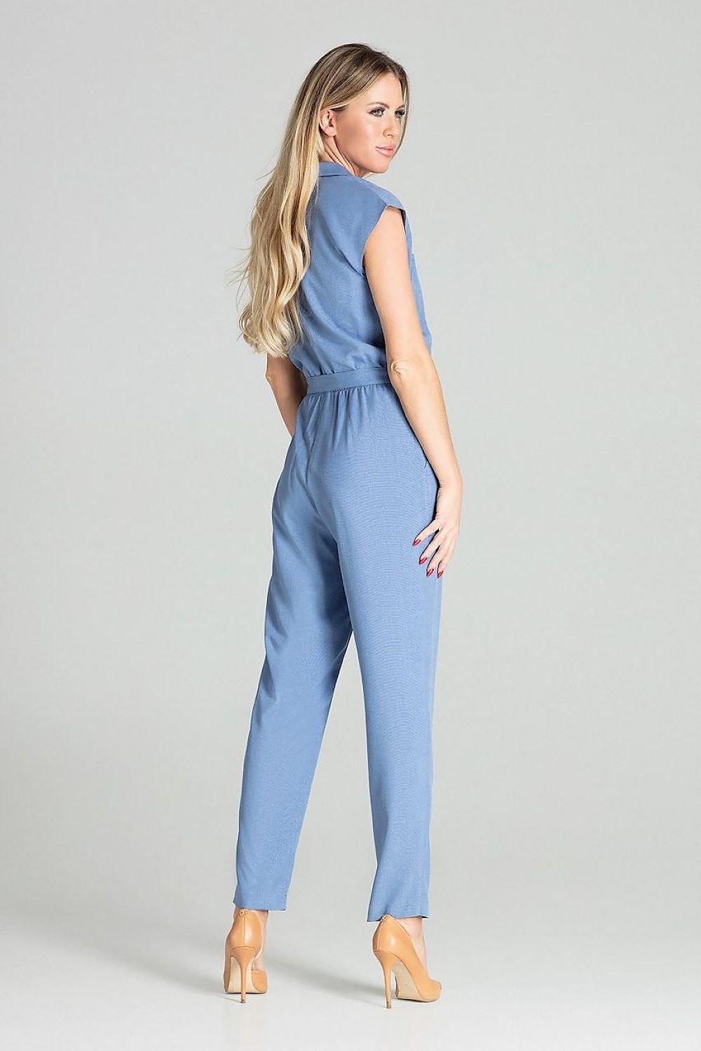 blue belted sleeveless suit detail view
