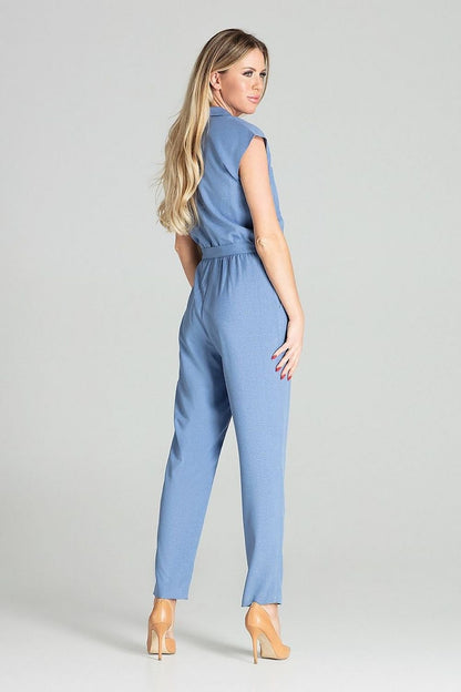 blue belted sleeveless suit detail view