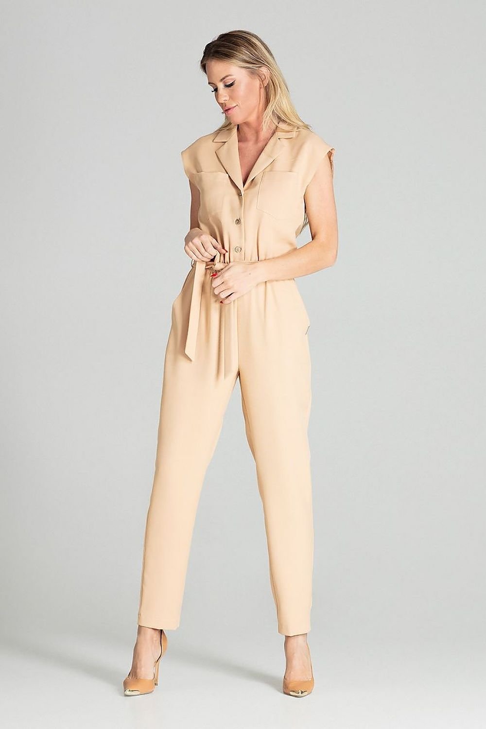 blue belted sleeveless suit side view