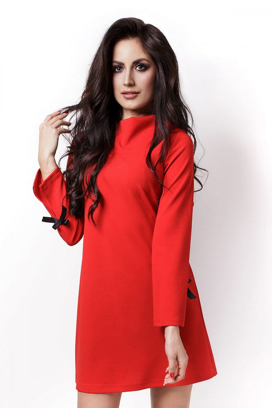 red satin long sleeve evening dress front view