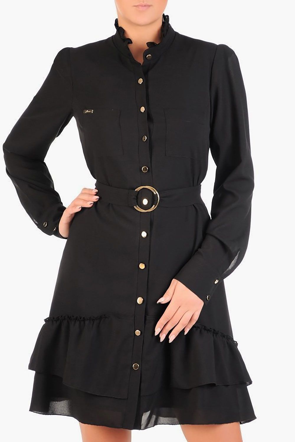 black belted long sleeve cocktail dress front view