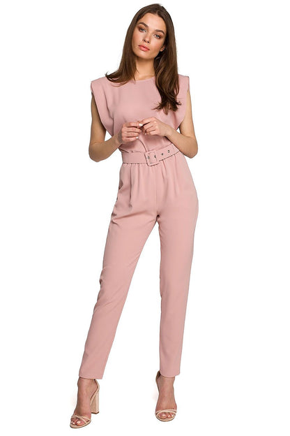 pink belted sleeveless suit front view