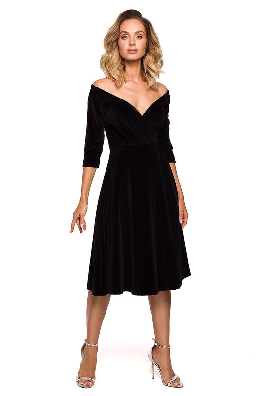 black flared midi evening dress front view