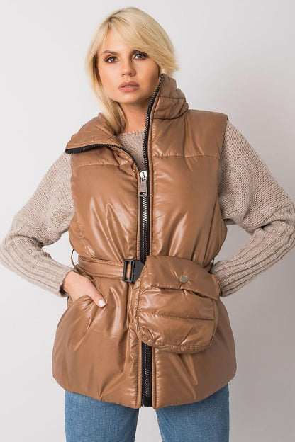 brown belted gilet front view