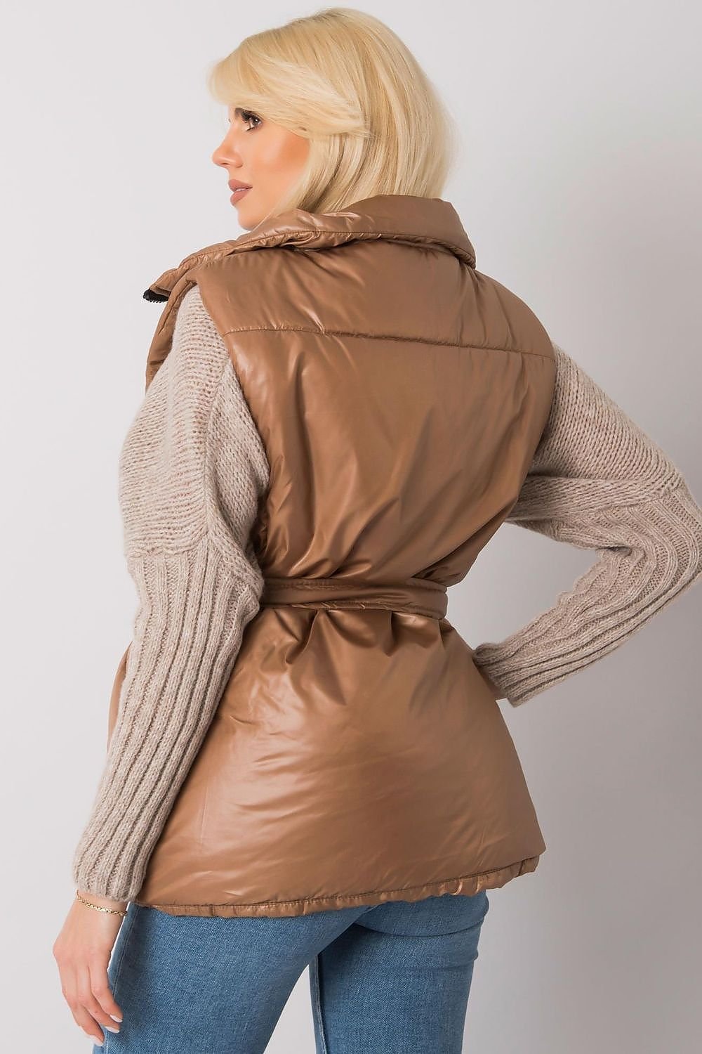 brown belted gilet detail view